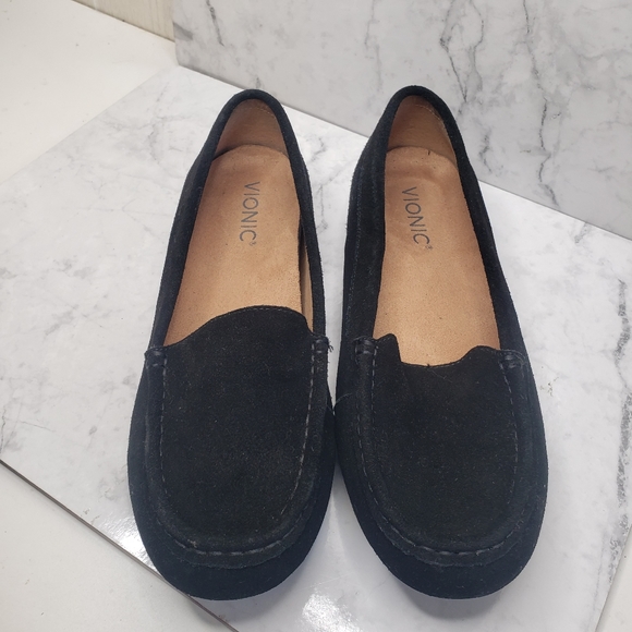 Vionic Shoes - Vionic suede leather flat loafers black slip on comfort size 8